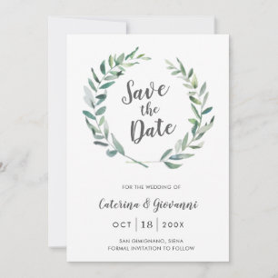 Save The Date Aquarelle rustique Verdure Wreath Non Photo