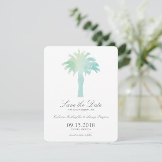 Save The Date Aquarelle Serene Palm Tree | Enregistrer la date (Debout devant)
