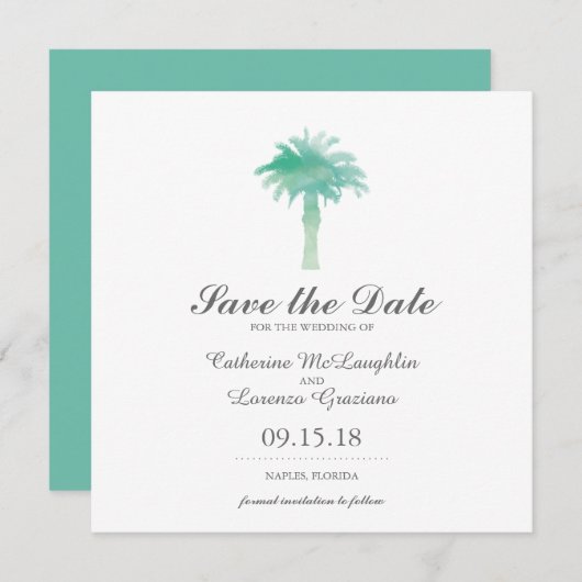 Save The Date Aquarelle Serene Palm Tree | Enregistrer la date (Devant / Derrière)