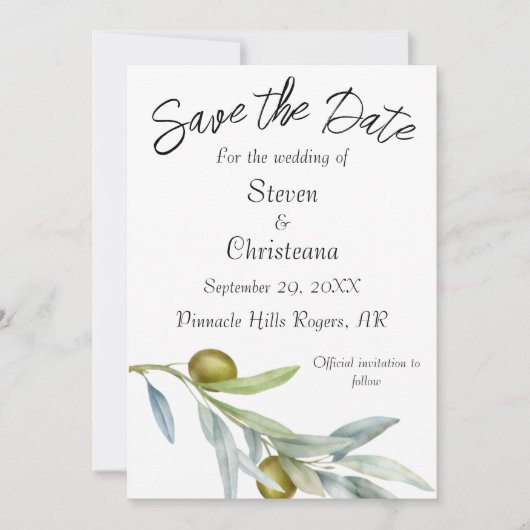 Save The Date Aquarelle simple à branche d'olive verte (Devant)