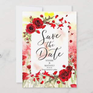 Save The Date Aquarelle Simple Crimson Rouge Roses Mariage