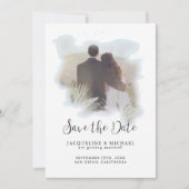 Save The Date Aquarelle simple Script moderne Palm Photo Bleu (Devant)