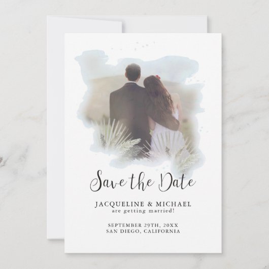 Save The Date Aquarelle simple Script moderne Palm Photo Bleu (Devant)