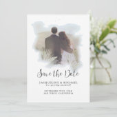 Save The Date Aquarelle simple Script moderne Palm Photo Bleu (Debout devant)