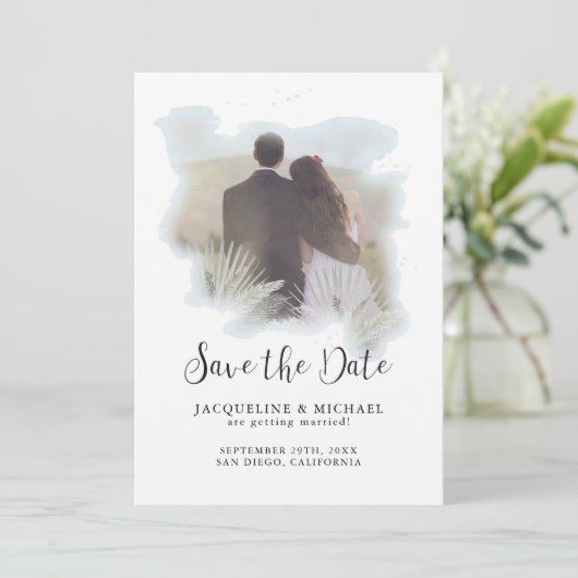 Save The Date Aquarelle simple Script moderne Palm Photo Bleu (Debout devant)