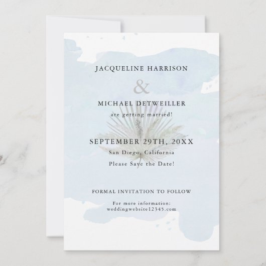 Save The Date Aquarelle simple Script moderne Palm Photo Bleu (Dos)