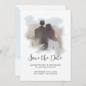 Save The Date Aquarelle simple Script moderne Palm Photo Bleu (Devant / Derrière)