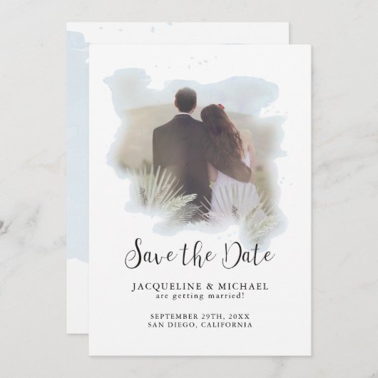 Save The Date Aquarelle simple Script moderne Palm Photo Bleu (Devant / Derrière)
