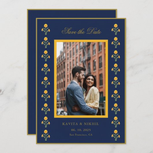 Save The Date Aquarelle Souci Sur Photo Navy Enregistrer la Date (Devant / Derrière)