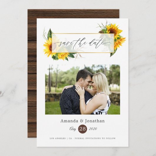 Save The Date Aquarelle tournesol Rustique Mariage géométrique (Devant / Derrière)