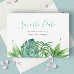Save The Date Aquarelle Tropical Chic Vert Enregistrer la date<br><div class="desc">Annoncez votre fiançailles avec mon boho tropical chic enregistrer nos invitations de date avec Save the Date dans un style de typographie script tendance qui évoque l'apparence de lettrage manuel. Cette carte simple comporte une réplique de mon paume vert aquarelle peint à la main et de feuilles monstres avec vos...</div>