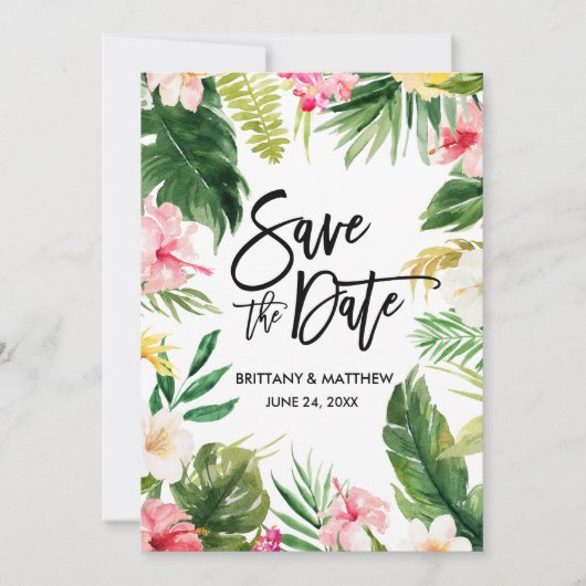Save The Date Aquarelle Tropical Floral Brush Script Vert (Devant)