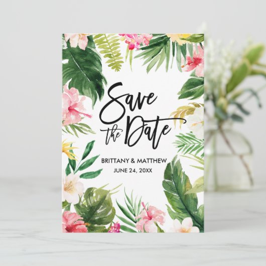 Save The Date Aquarelle Tropical Floral Brush Script Vert (Debout devant)