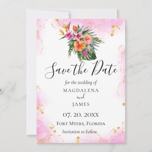 Save The Date Aquarelle Tropical Floral Destination Photo (Devant)