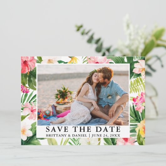 Save The Date Aquarelle Tropical Floral Photo Enregistrer La Dat (Debout devant)