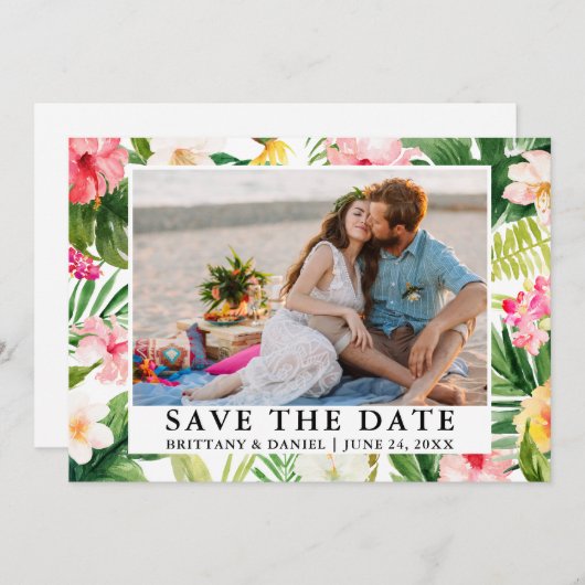 Save The Date Aquarelle Tropical Floral Photo Enregistrer La Dat (Devant / Derrière)