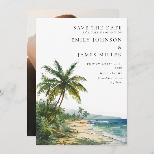 Save The Date Aquarelle Tropical Palm Beach Mariage photo (Devant / Derrière)