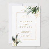 Save The Date Aquarelle tropicale Feuille Mariage or (Devant)