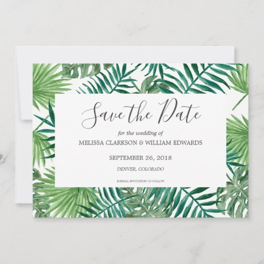 Save The Date Aquarelle tropicale feuilles mariage Enregistrer l (Devant)