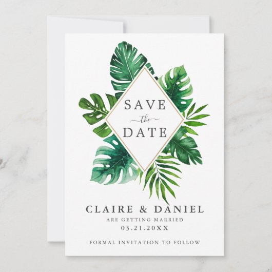 Save The Date Aquarelle tropicale moderne Feuille vert (Devant)