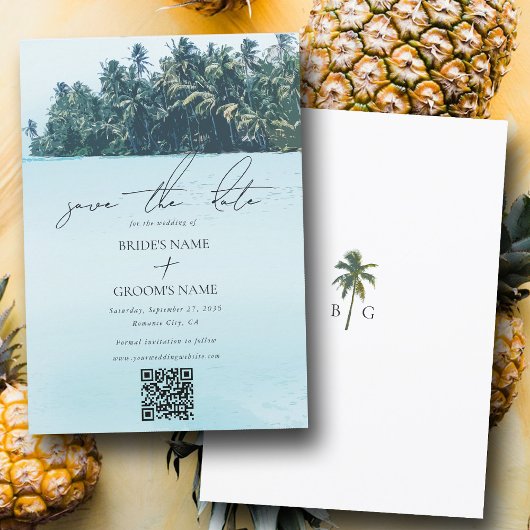 Save The Date Aquarelle tropicale Palms & Beach Wedding QR Code