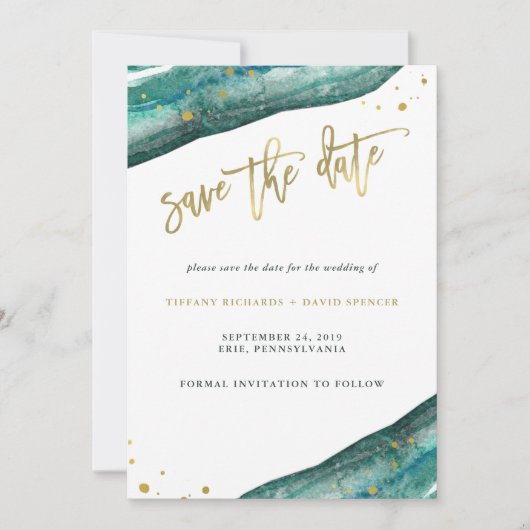 Save The Date Aquarelle Turquoise et Géode Or Enregistrer la dat (Devant)
