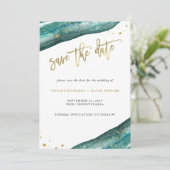 Save The Date Aquarelle Turquoise et Géode Or Enregistrer la dat (Debout devant)