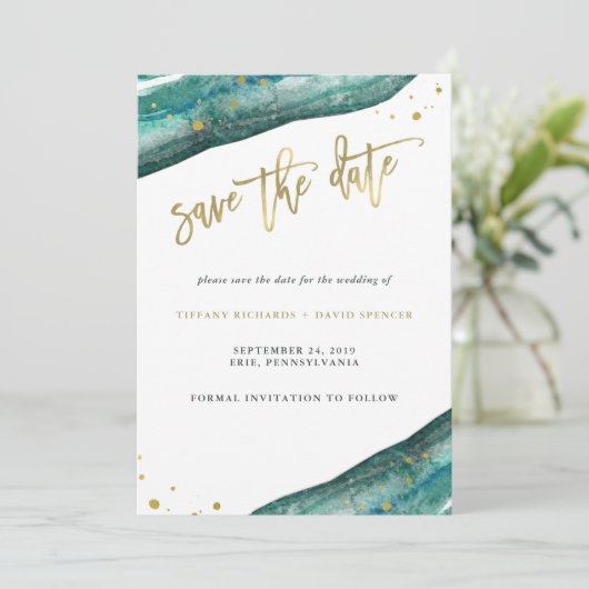 Save The Date Aquarelle Turquoise et Géode Or Enregistrer la dat (Debout devant)