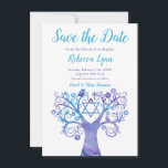 Save The Date Aquarelle Turquoise violette Arbre Bat mitzvah de<br><div class="desc">Moderne violet et bleu turquoise arbre de vie Bat mitzvah enregistrer les annonces de date. Ce design unique présente un tourbillon d'aquarelle,  une fleur,  des oiseaux et l'étoile de David.</div>