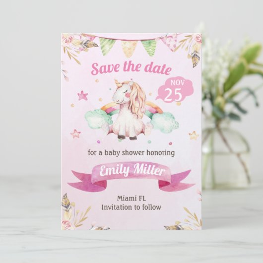Save The Date Aquarelle Unicorn rose Enregistrer la date (Debout devant)