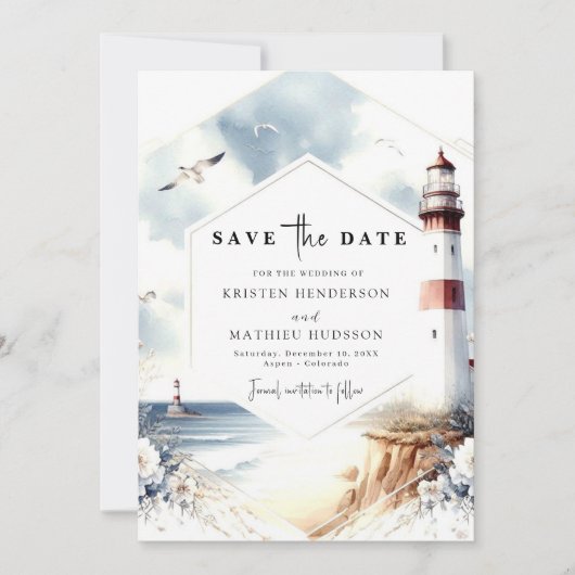 Save The Date Aquarelle unique Waves Lighthouse Mariage (Devant)