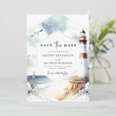 Save The Date Aquarelle unique Waves Lighthouse Mariage (Debout devant)