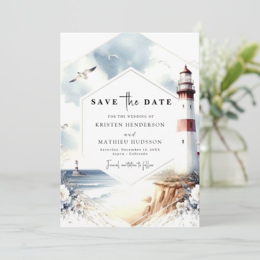 Save The Date Aquarelle unique Waves Lighthouse Mariage (Debout devant)