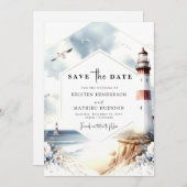 Save The Date Aquarelle unique Waves Lighthouse Mariage (Devant / Derrière)