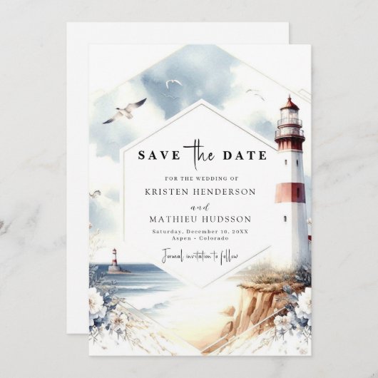 Save The Date Aquarelle unique Waves Lighthouse Mariage (Devant / Derrière)