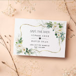 Save The Date Aquarelle Verdure aérée Mariage floral blanc<br><div class="desc">Elégant design de carte avec aquarelle vert aérée,  blanc,  fleurs crème,  cadre faux or,  sur un arrière - plan blanc. Utilisez l'outil Personnaliser pour ajouter vos informations. Pour les articles correspondants,  veuillez visiter ma collection de fleurs blanches d'ivoire.</div>