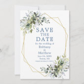 Save The Date Aquarelle Verdure Cadre géométrique Dusty Blue (Devant)
