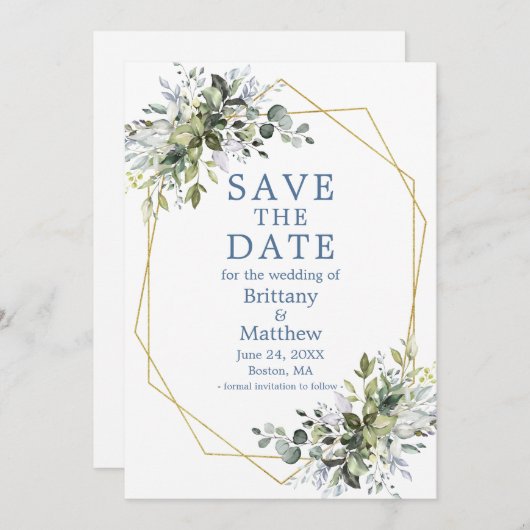 Save The Date Aquarelle Verdure Cadre géométrique Dusty Blue (Devant / Derrière)