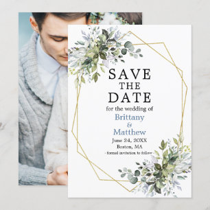 Save The Date Aquarelle Verdure Dusty Blue Photo Geo Frame