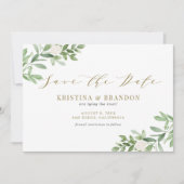 Save The Date Aquarelle Verdure et Fleurs blanches Or Mariage (Devant)