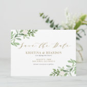 Save The Date Aquarelle Verdure et Fleurs blanches Or Mariage (Debout devant)