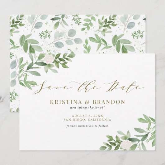 Save The Date Aquarelle Verdure et Fleurs blanches Or Mariage (Devant / Derrière)