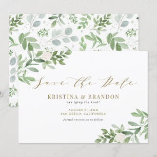 Save The Date Aquarelle Verdure et Fleurs blanches Or Mariage