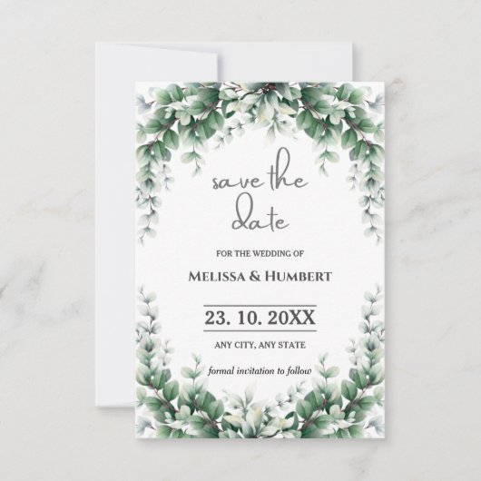 Save The Date Aquarelle Verdure Feuillage Eucalyptus Wreath (Devant)