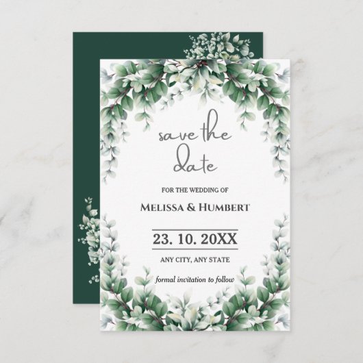 Save The Date Aquarelle Verdure Feuillage Eucalyptus Wreath (Devant / Derrière)