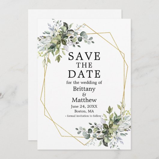 Save The Date Aquarelle Verdure Or Cadre géométrique (Devant / Derrière)