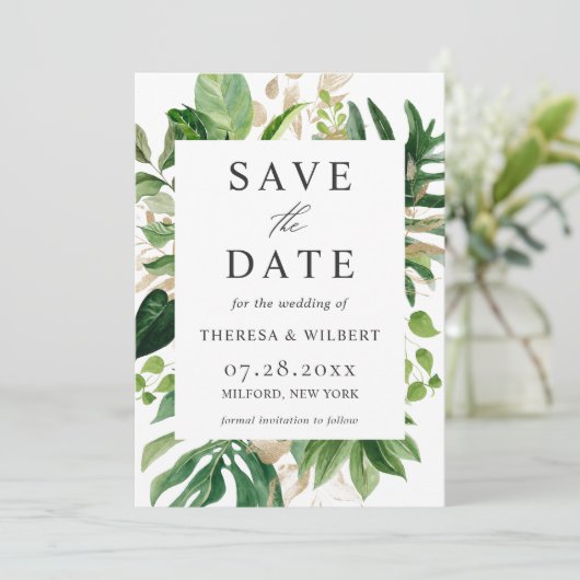 Save The Date Aquarelle Verdure Palm Tropical Feuille Mariage (Debout devant)