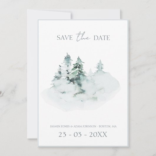 Save The Date Aquarelle Vert Blanc Forêt Pins Mariage (Devant)