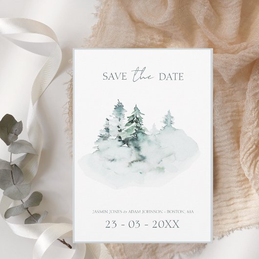 Save The Date Aquarelle Vert Blanc Forêt Pins Mariage