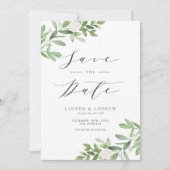 Save The Date Aquarelle Vert et Fleurs blanches Code QR (Devant)